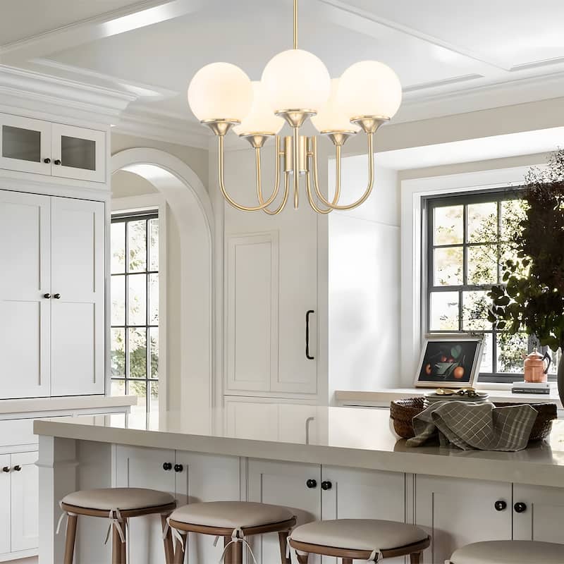 5 Light Gold Globe White Milk Glass Chandelier - 19.6 inch