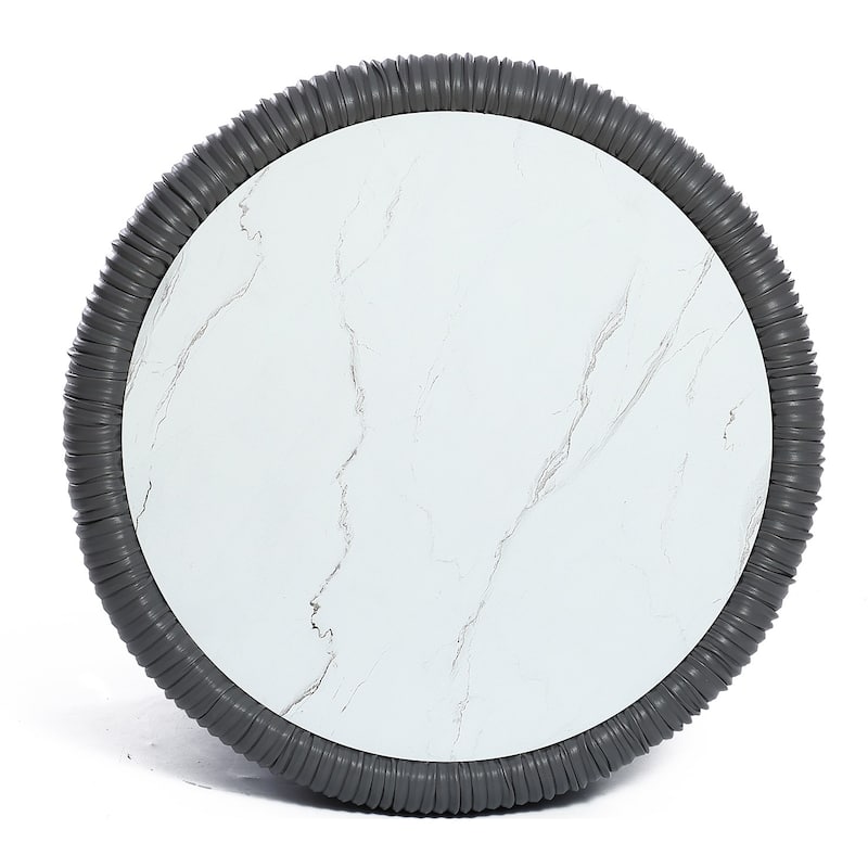 15.8" H Pleated Leather And Marble Tabletop Drum Round Side Table