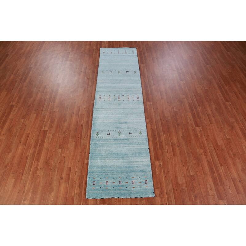 Hand Knotted Oriental 100% Wool Carpet Tribal Animal Pictorial Navy Blue & Blues Gabbeh Runner Rug - 9' 11'' X 2' 9''