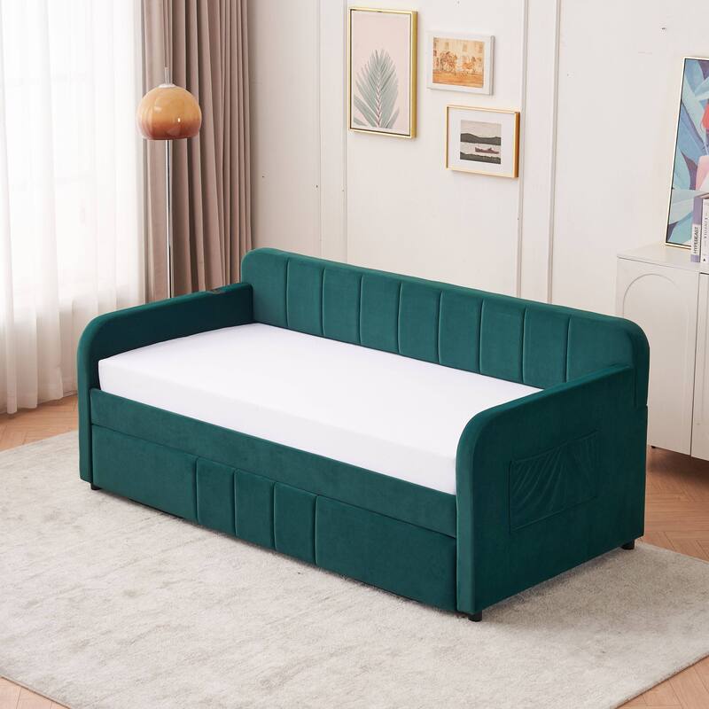 Twin Daybed with Trundle, Upholstered Velvet Frame, Space Saving Daybed Bed for Guest Room