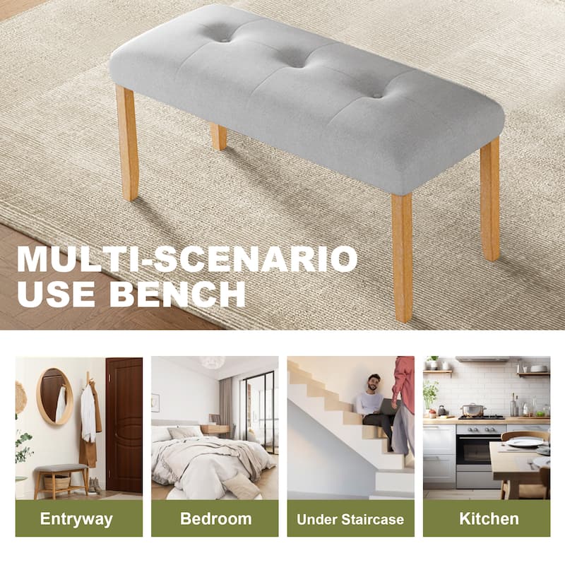 Roomfitters Upholstered Tufted Bench, 40" End of Bed Bench, Fabric Dining Bench with Wood Legs, Entryway Seating, Beige+Natural