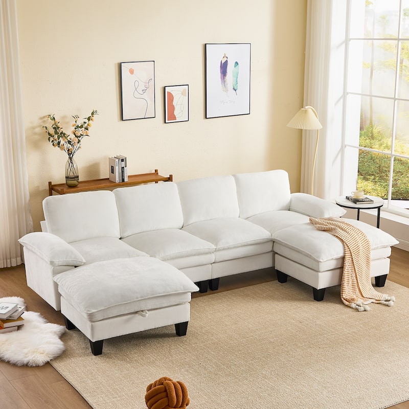122-Inch 6-seats U-Shaped Double Foam Cushion Convertible Sectional Sofa Couch for Living Room With Storage Ottoman