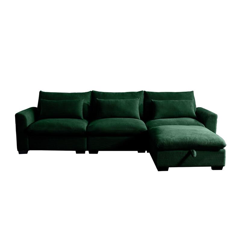 Modern L Shaped Modular Corduroy Sofa with Storage Ottoman and Plush Cushions for Living Room or Guest Room