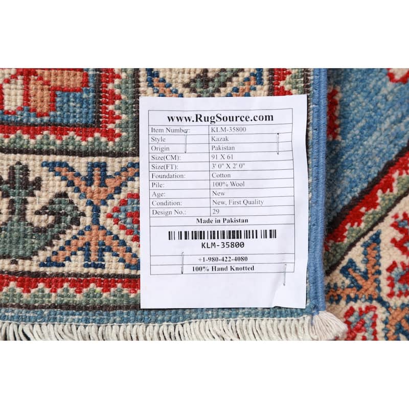 Light Blue Kazak Oriental Accent Foyer Rug Handmade Wool Carpet - 2'0"x 3'0"