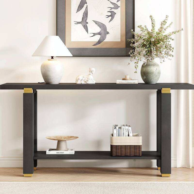 63" Modern Console Table with Shelf & Metal Accents - Black