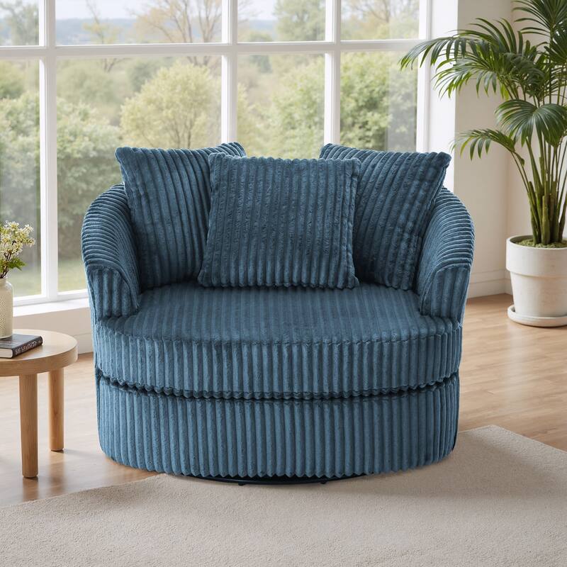 Oversized 43" W Plush Corduroy Swivel Barrel Chair with Pillows