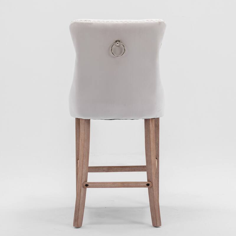 2 Velvet Upholstered Barstools with Button Tufted and Wooden Legs, and Chrome Nailhead Trim - N/A