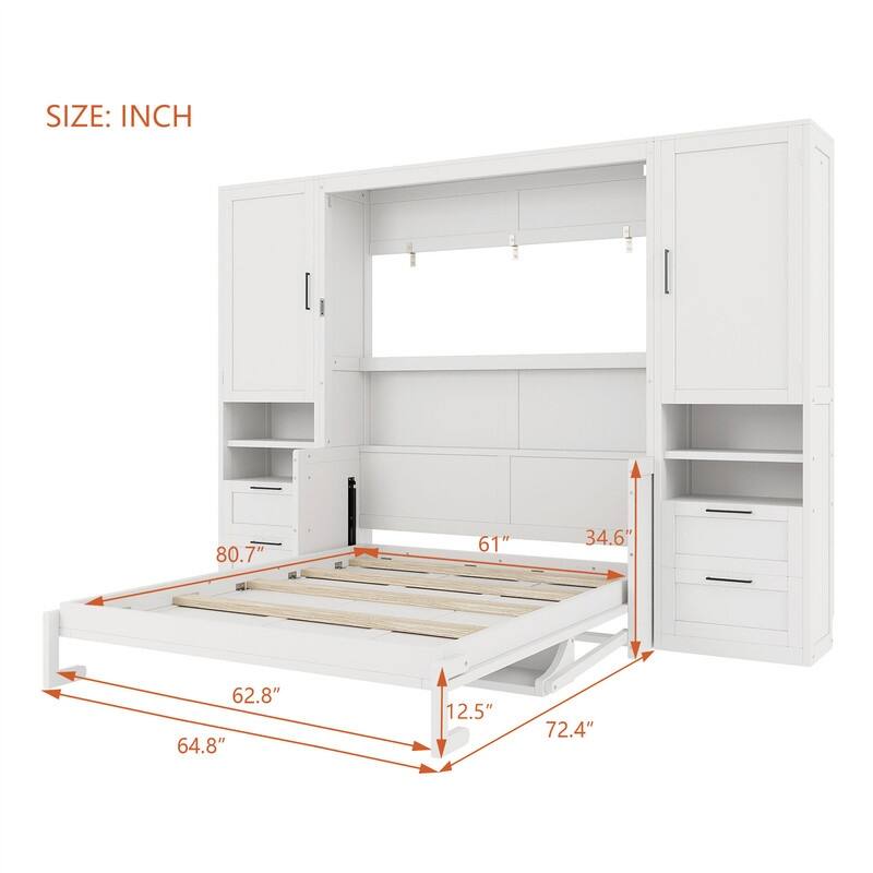 Queen Size Murphy Bed Wall Bed with 2 Wardrobes and 4 Storage Drawers, Foldable Murphy Cabinet Bed w/Open Storage Shelves& Stool