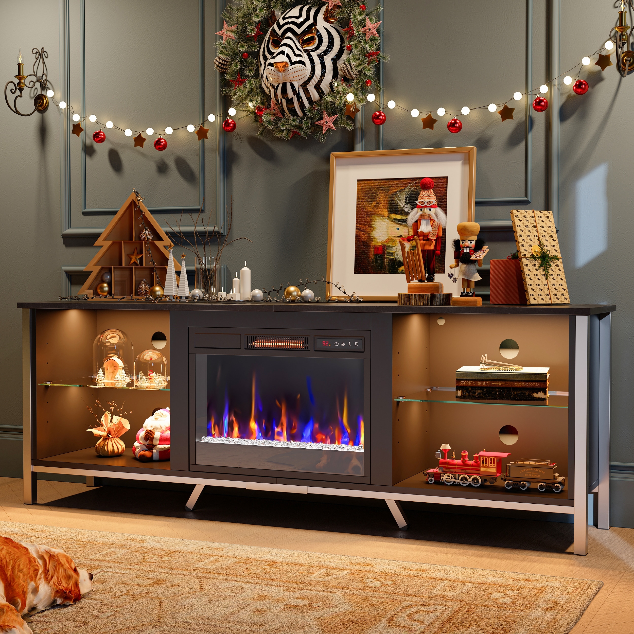 75 inch entertainment store center with fireplace