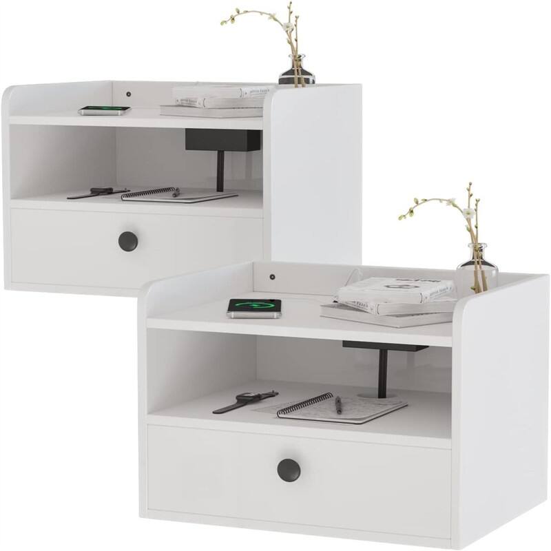 Floating Nightstand Set of 2 with Charging Station and Storage Drawer Wall Mounted - 11.5"D x 15.8"W x 11.5"H - White
