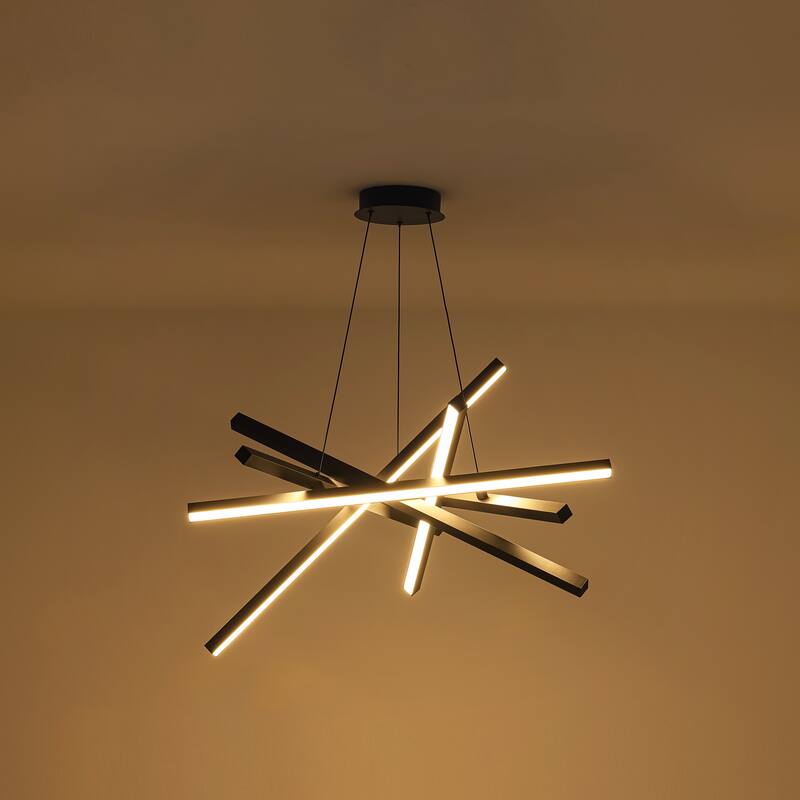 55-Watt 6-Light Modern Industrial Black Sputnik Rectangle Metal Integrated LED Chandelier for Living Room, Bedroom