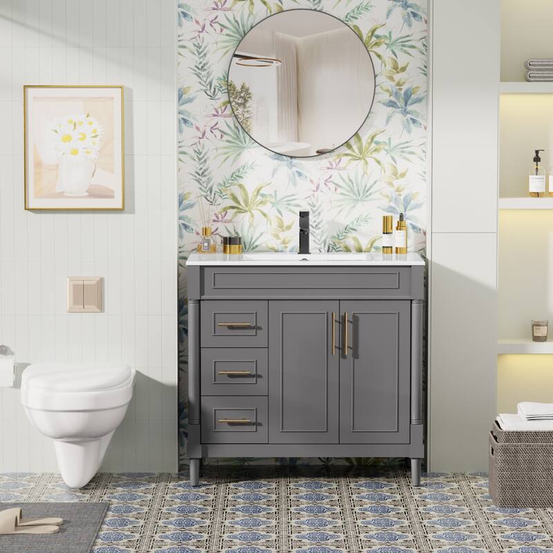 24"/30"/36" Retro Bathroom Vanity W/ Drop in Sink Combo Cabinet Set - Grey - 36"
