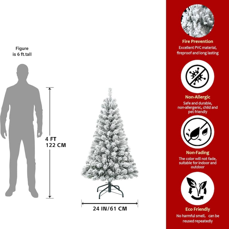 5FT Flocked Christmas Tree - Artificial Snowy Holiday Tree with 407 Tips, Full Shape PVC, Sturdy Metal Stand