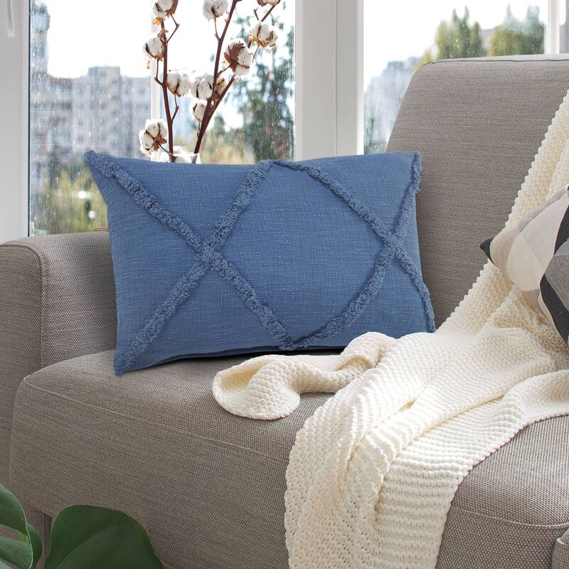 24" Navy Blue Hand Woven Diamond Tufted Rectangular Throw Pillow