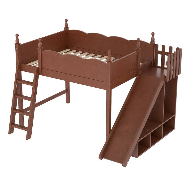 Full Loft Bed with Storage Shelves and Wardrobe, Solid Wood Loft Beds with Detachable Slide and Ladders, No Spring Box Needed