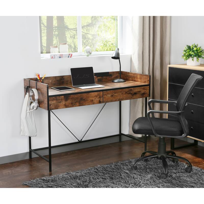 JJS 48" Home Office Computer Laptop Desk with Drawers, Modern Wooden Compact Study Writing Desk with Privacy Panel and Storage - Rustic Brown