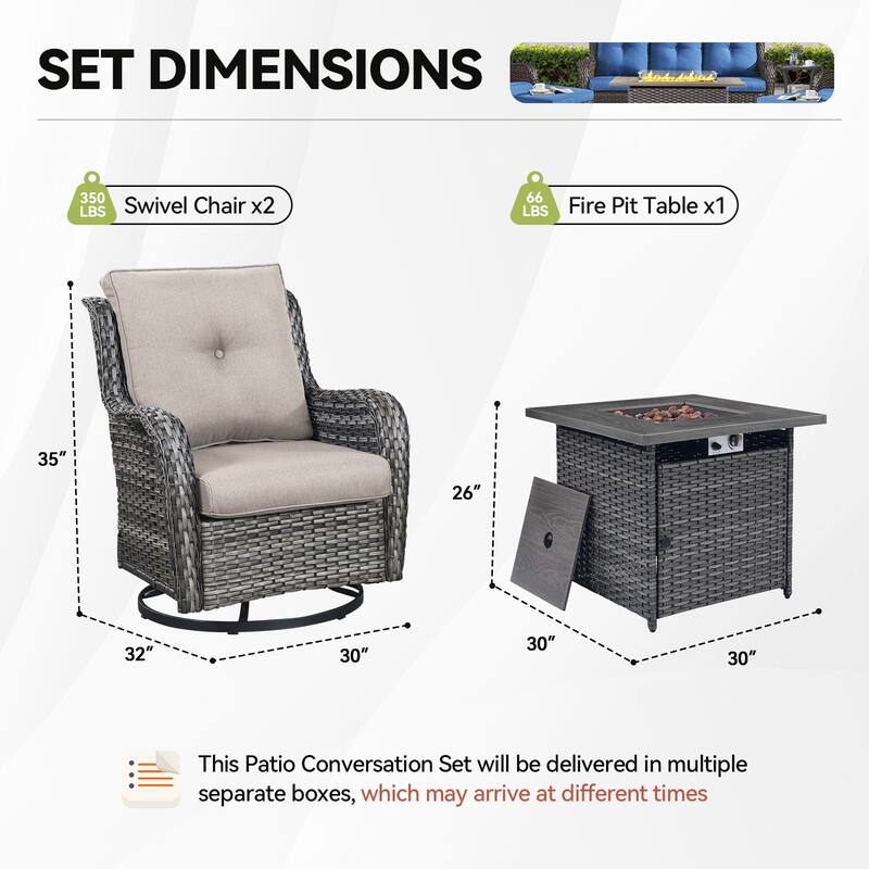 Pocassy Fire Pit Table with 2 Swivel Chairs