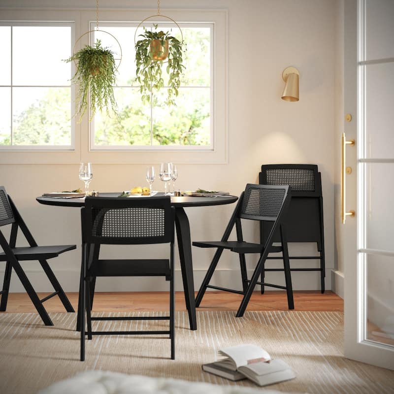 2 Pack Commercial Cane Rattan Folding Chairs - Wood Backs and Seats - Black