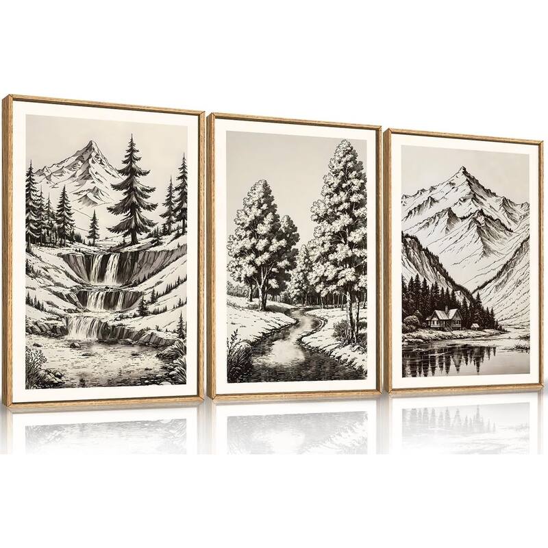 Vintage Mountain Sketch Framed Canvas Wall Art Set - 24 x 36