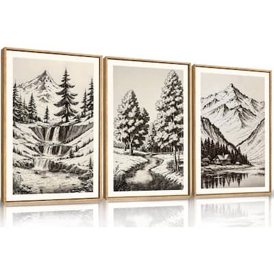 Vintage Mountain Sketch Framed Canvas Wall Art Set