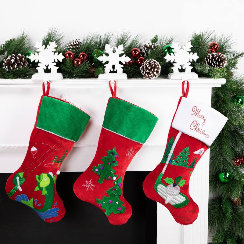 19.5" Red Velveteen Fishing Themed Christmas Stocking with Green Cuff