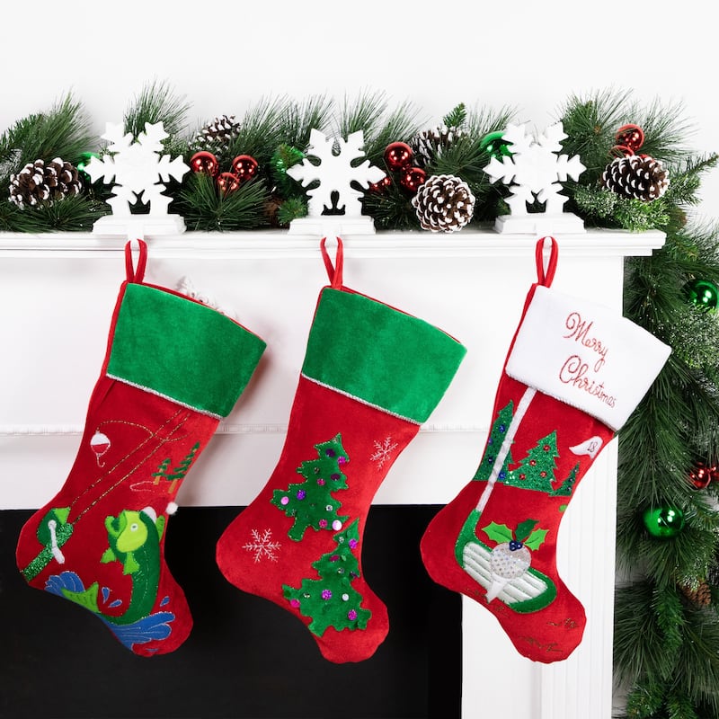 20" Red Velveteen Golf Themed Christmas Stocking with White Embroidered Cuff