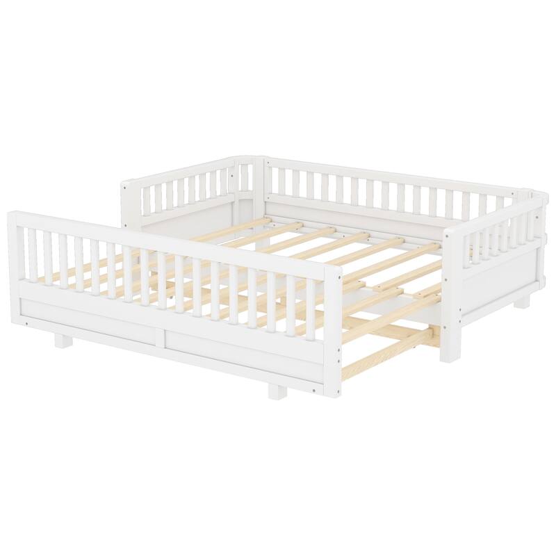 Twin XL/Twin Size Platform Bed with Guardrails, Converts to Queen Size Solid Wood Frame