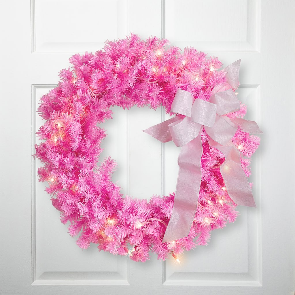 Pre-Lit Artificial Pine Christmas Wreath - 24" - Pink- Clear Lights