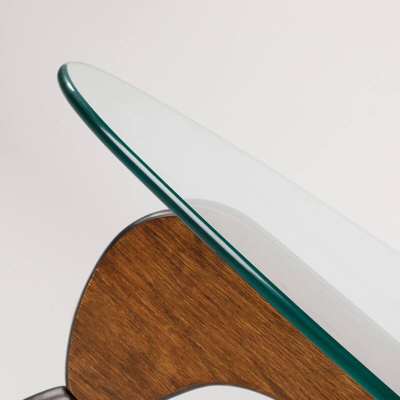 Modern Triangle Clear Glass Coffee Table with Wood Base