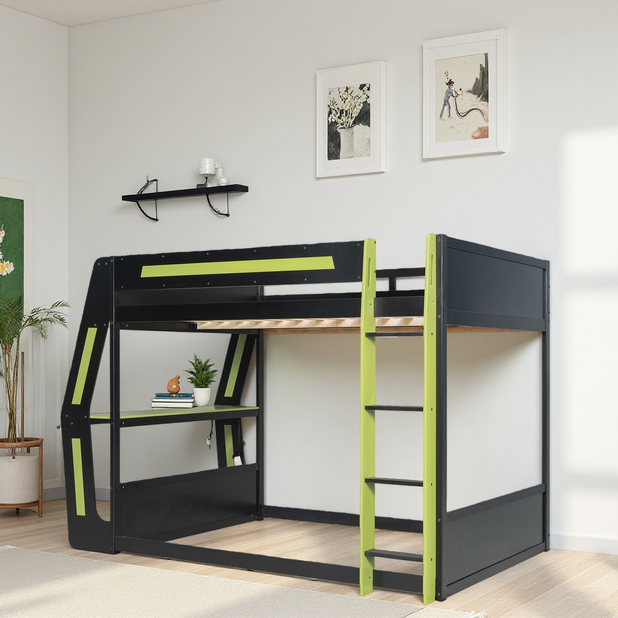 Full-Size Wood & MDF Gaming Bunk Bed with Side-Mounted Oversized RGB Desk, USB Ports & LED Light Strip - Esports Loft Frame