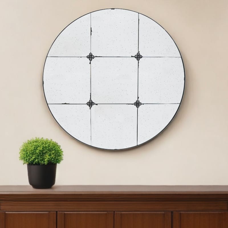 HomeRoots 36" Black Round Iron Framed Antiqued Glass Accent Mirror - 35.8' X '35.8' X '1.5 - 35.8' X '35.8' X '1.5