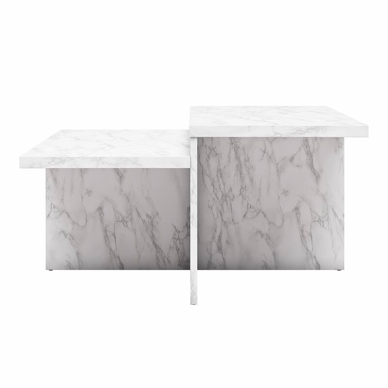 Roomfitters Brielle Square Two-Tier Coffee Table with Faux Marble Finish, Modern Design, White