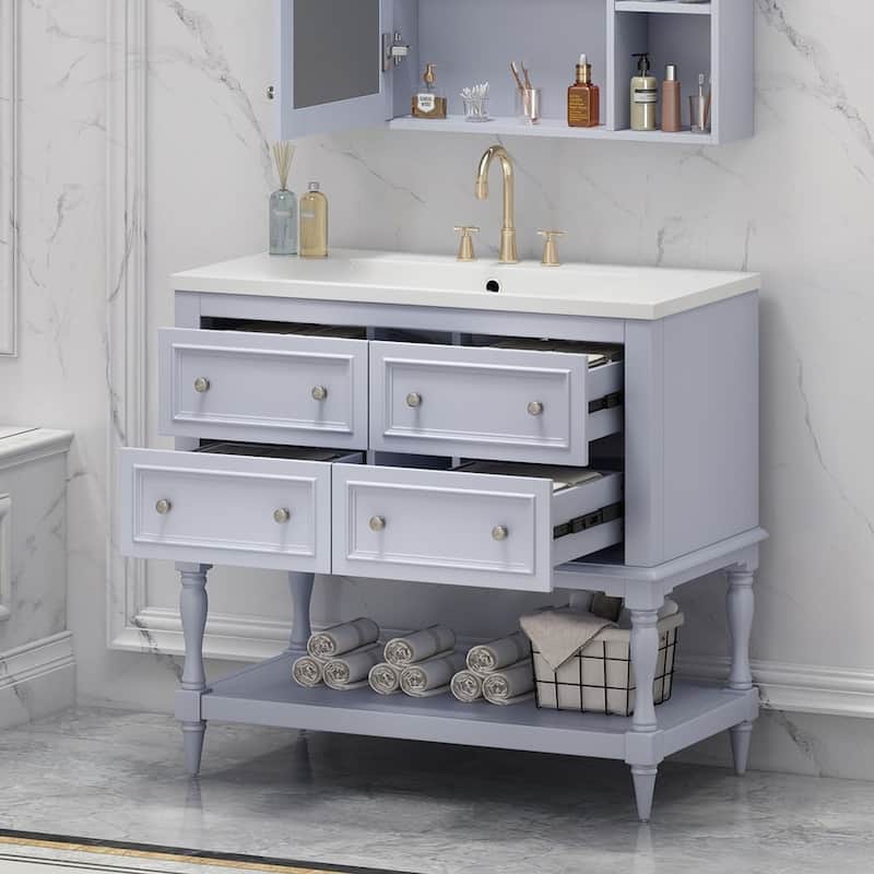 35'' Wall Mounted Bathroom Mirror Cabinet with Adjustable Shelves and Open Storage