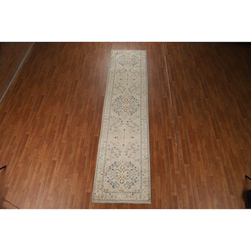 Hand Knotted Oriental 100% Wool Carpet Transitional All-Over Beige & Ivories Oushak Runner Rug - 12' 5'' X 3' 0''