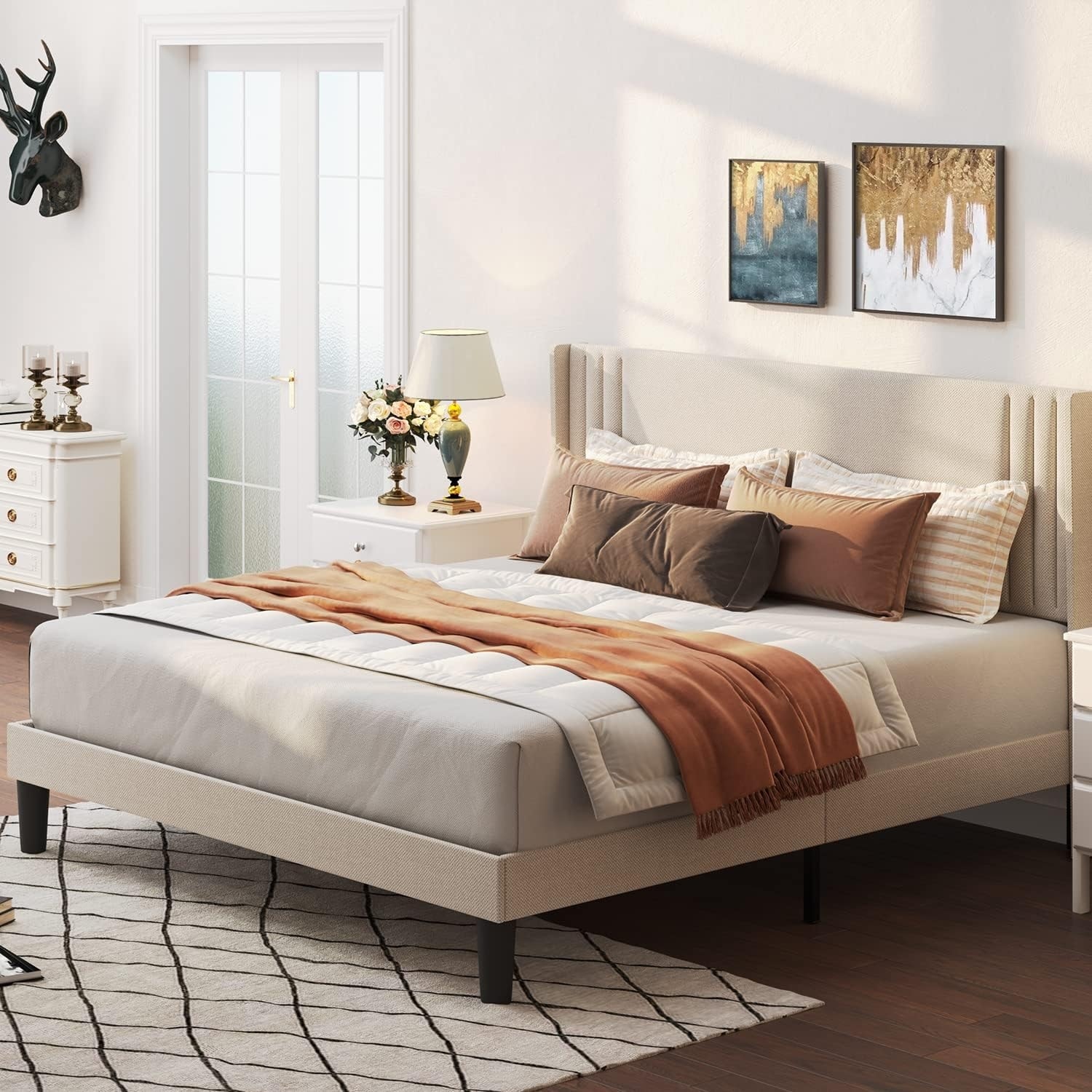 Modern Upholstered Full Bed Frame with Wingback Headboard, Wooden Slats, Noise-Free, No Box Spring Needed