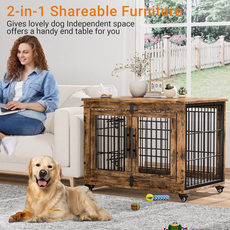 Dog Crate Indoor Heavy Duty Double Doors Wooden Dog Cage with Cushion