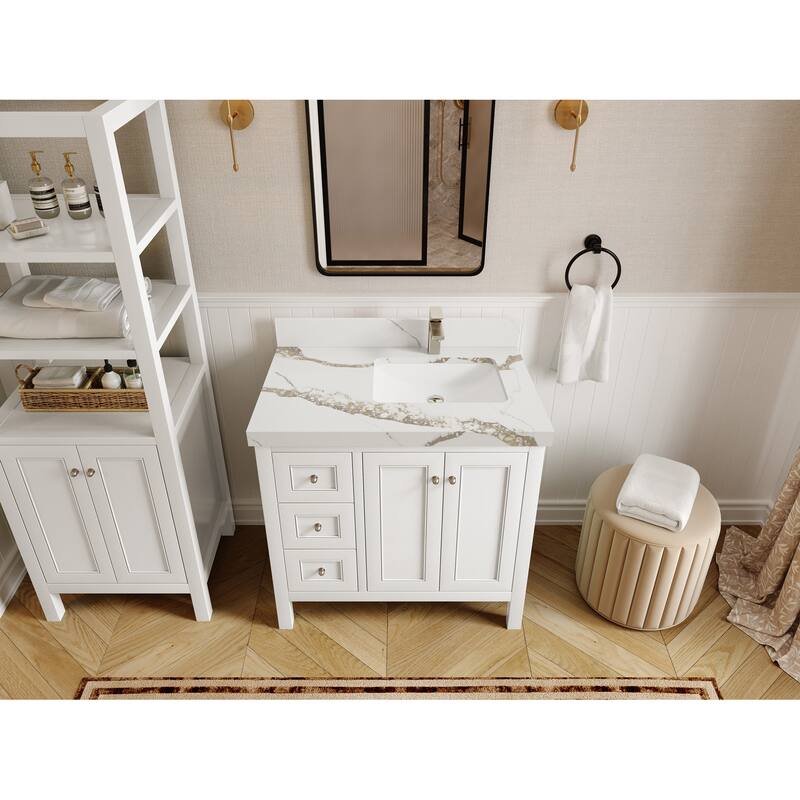 Willow Collections 36 in. W x 22 in. D Nashville Right Offset Sink Bathroom Vanity with Countertop - 2”Calacatta Gold - White