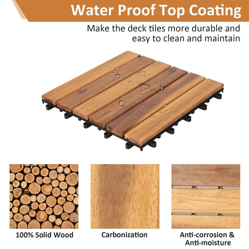 Interlocking Deck Tiles - 10PCS Waterproof Acacia Wood Patio Tiles, Flooring Tiles for Both Indoor and Outdoor