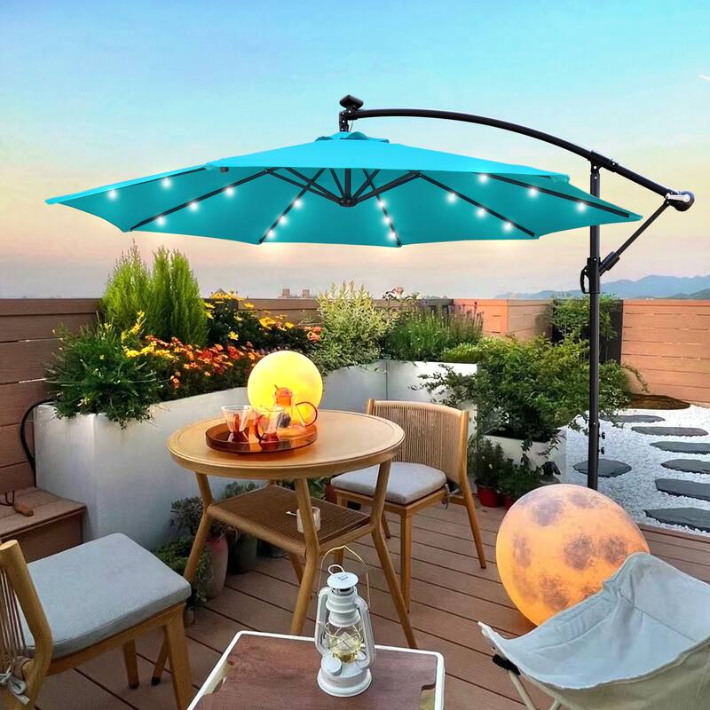 10 ft Solar Powered LED Patio Umbrella with Crank, Waterproof Canopy, and Cross Base for Outdoor Use - Green