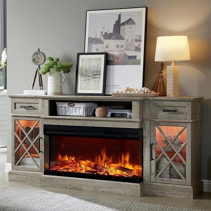 Tv stand with fireplace grey discount