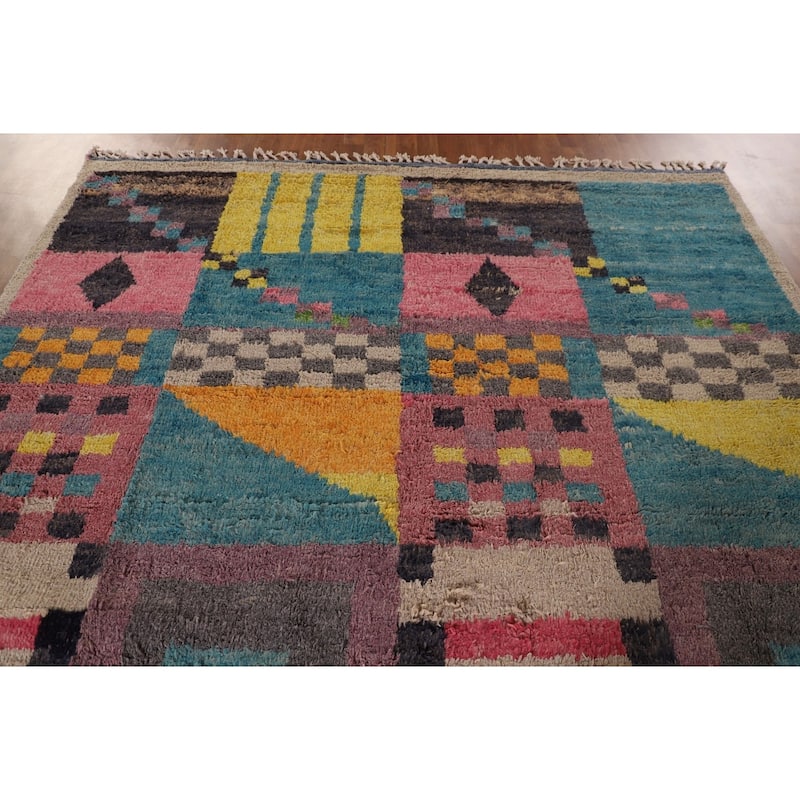 Geometric Plush Moroccan Oriental Area Rug Hand-Knotted Wool Carpet - 7'11" x 10'9"