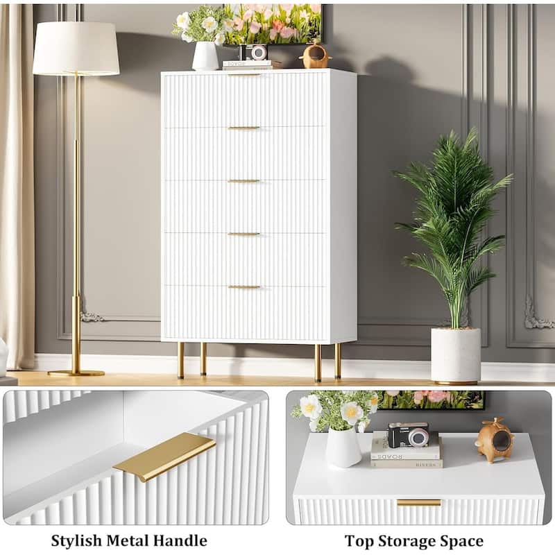 Fluted 5 Drawer Dresser for Bedroom, Wooden Chest with Wide Drawers, Modern Storage Organizer for Closet, Hallway