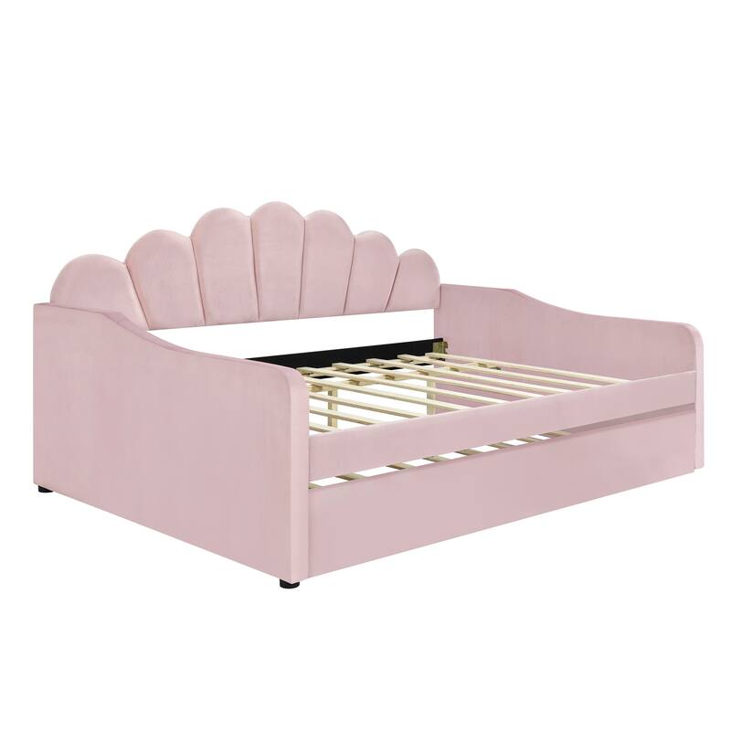Pink Full Size Velvet Upholstered Daybed with Trundle and Shaped Backrest