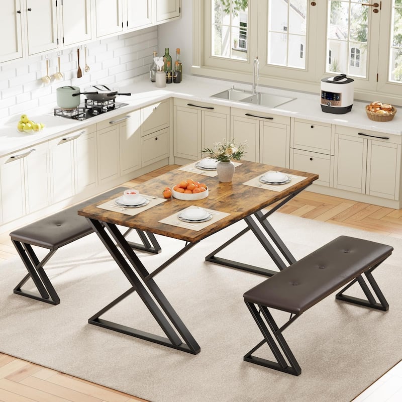 3 Piece Z-Shaped Leg Dining Table with 2 Benches, Space-Saving - Thin