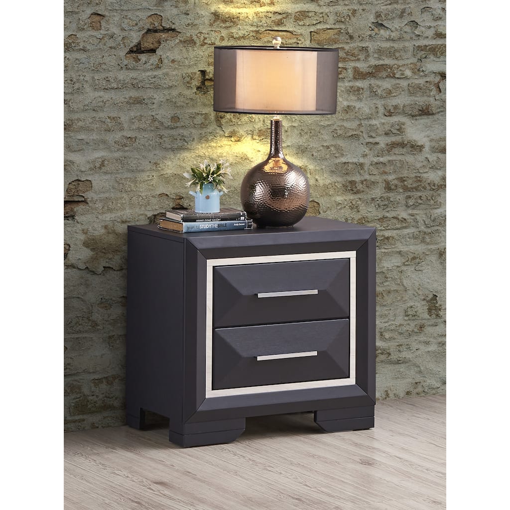 Roomfitters Liverpool 2-Drawer Nightstand, Black Modern, Brush Steel Accents, Fully Assembled Contemporary Table
