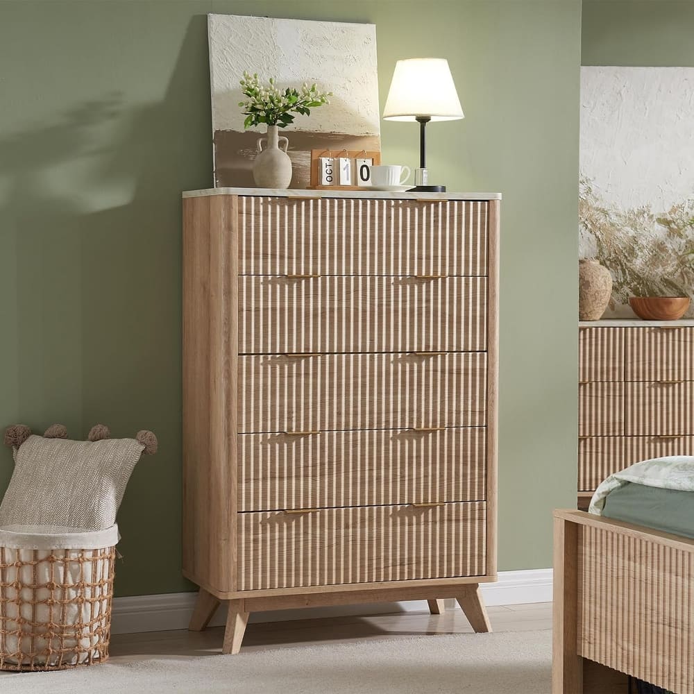 Modern Fluted 5 Drawers Dresser, Chest of Drawers, Dresser TV Stand