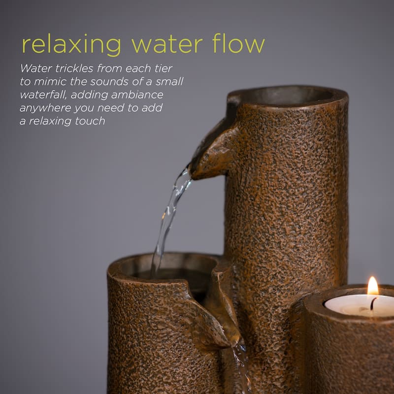 Alpine Corporation 11 in. Tall Indoor Tiered Column Tabletop Fountain with 3 Candles, Brown