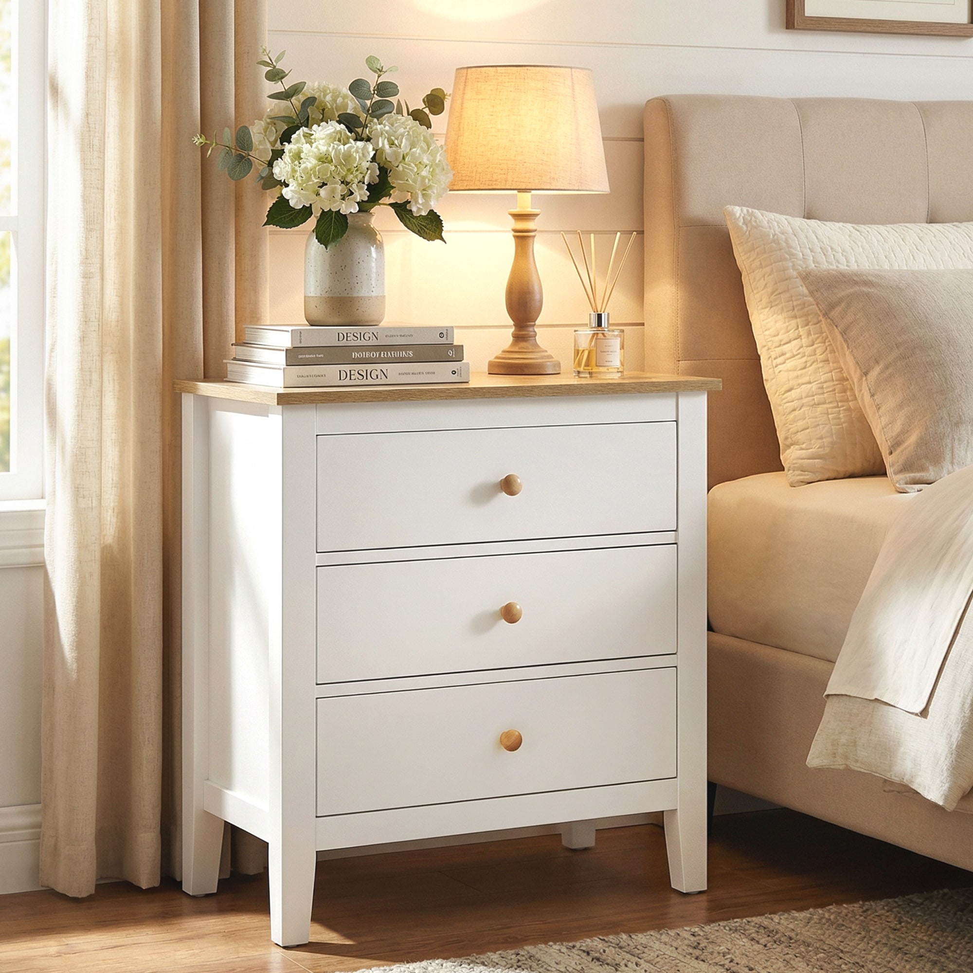 Large 3 Drawer Nightstand with Solid Wood Knobs