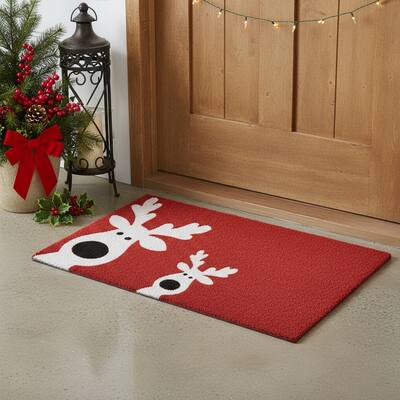 HomeRoots 24" X 36" Red White And Black Christmas Reindeer Outdoor Coir Door Mat - 24.00' X '36.00