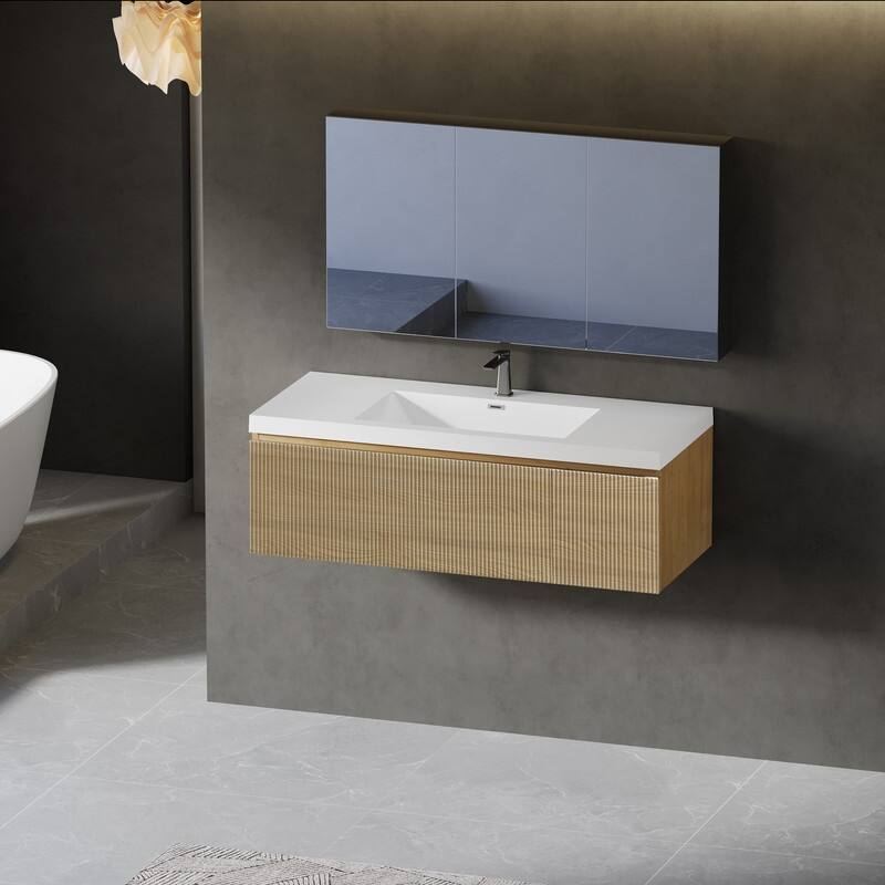ABRUZZO Floating Vanity with Integrated Top Sink Soft-Close Wall-Mount Bathroom Cabinet - 48" - Natural Oak